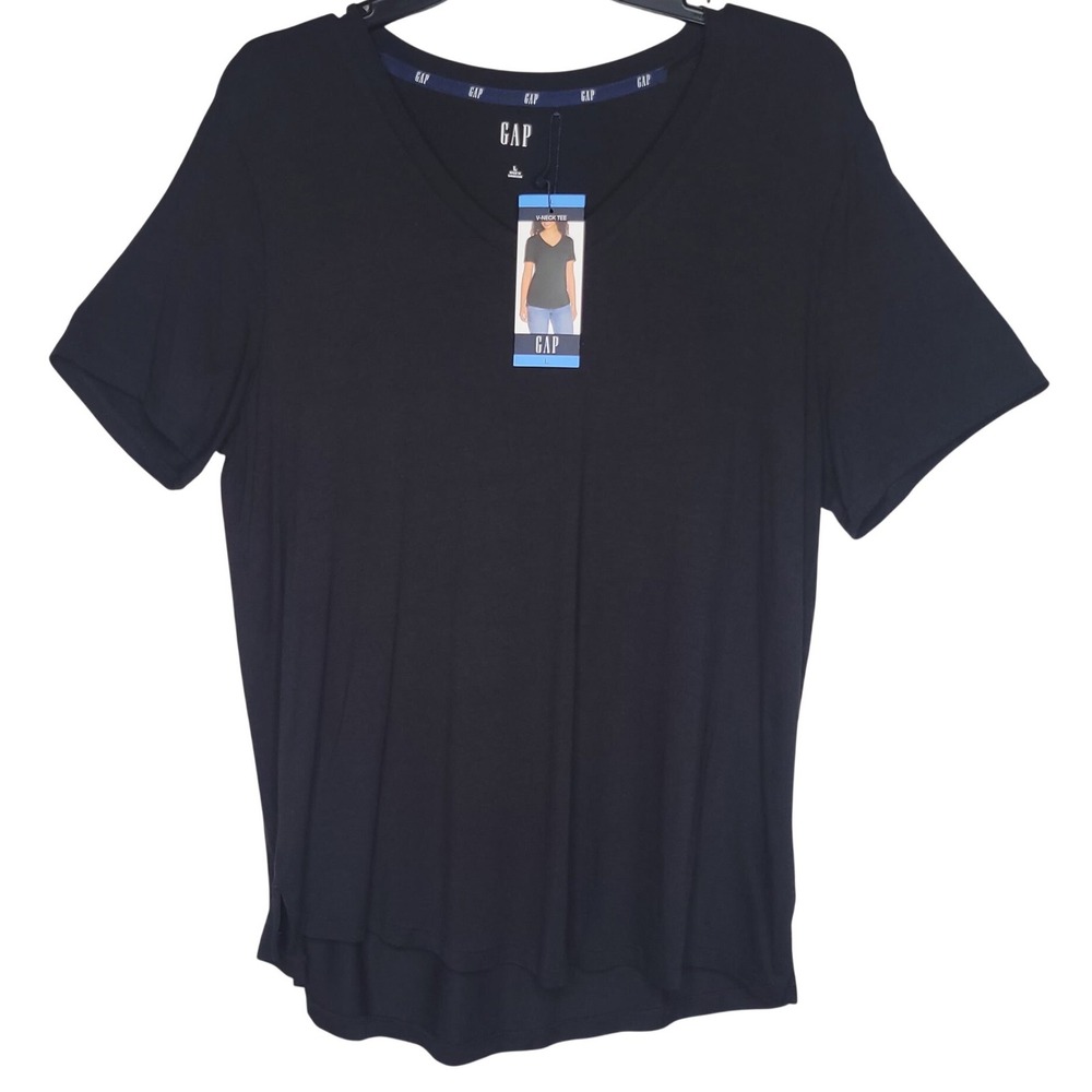 GAP Womens V-Neck Tee‎ Black Short Sleeve Cotton Blend T-Shirt Size L NWT